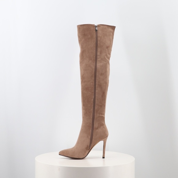 Pointed Toe Knee High Stiletto Heel Boot in Beige Faux Suede, Women’s - Picture 7 of 12